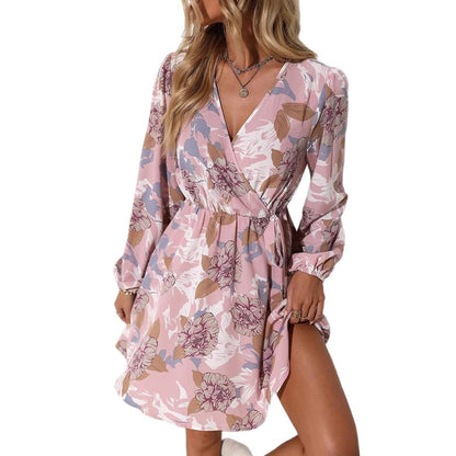 Ladies blouse dress in floral design with waist pull tie hip slit Ivyshape