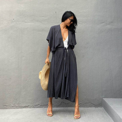 Women's Long Beach Cover-Up with Elegant V-Neck and Loose Fit Ivyshape