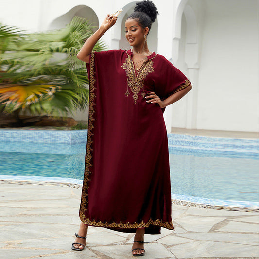Women's long kaftan dress with luxurious embroidered trim Ivyshape