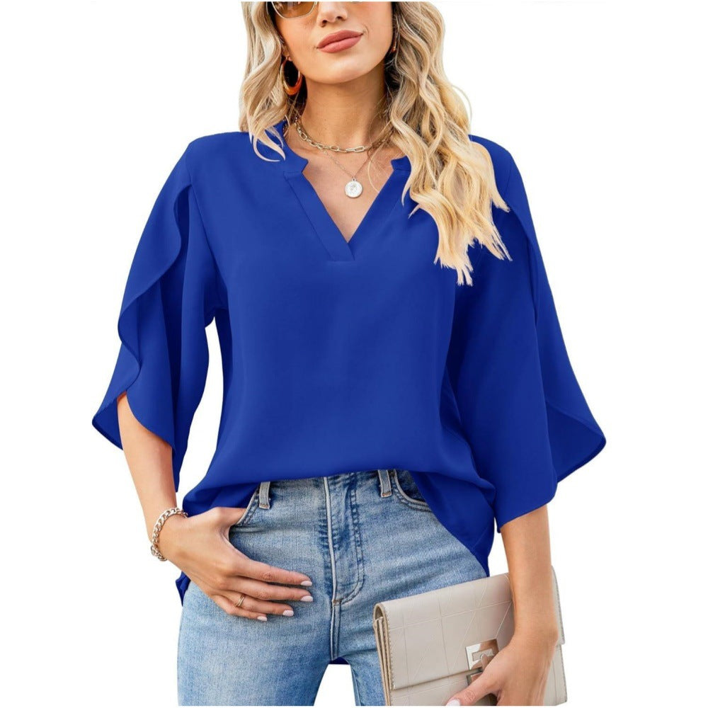 Women's Elegant Blouse with Asymmetric Sleeve and V-Neck Ivyshape