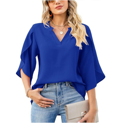 Women's Elegant Blouse with Asymmetric Sleeve and V-Neck Ivyshape