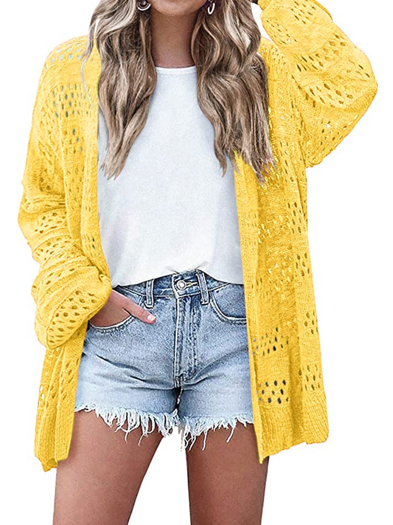 Ladies airy knitted cardigan with crochet pattern Ivyshape