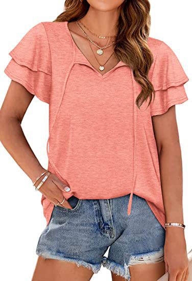 Ladies Casual T-Shirt with Ruffle Cut Ivyshape