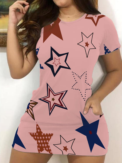 Women casual T-shirt dress with modern star pattern Ivyshape