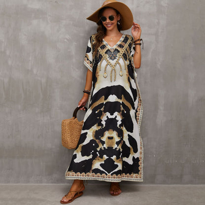 Ladies kaftan dress with majestic animal motif and side slits Ivyshape