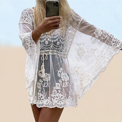 Women's Crochet Beach Cover-Up with Applied Details and Deep V-Neck Ivyshape