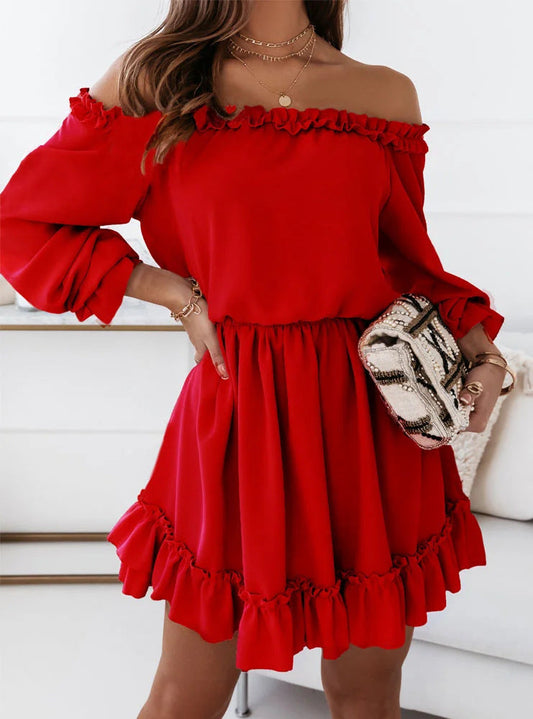 Women's Off-Shoulder Dress with Ruffle Details and Elastic Waist Ivyshape