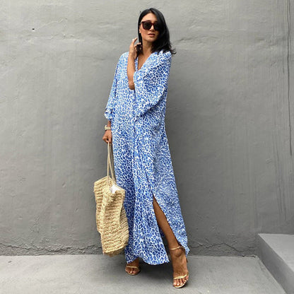 Ladies long beach robe with elegant leopard pattern Ivyshape