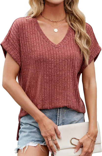 Women's Casual V-Neck T-Shirt with Textured Fabric Ivyshape