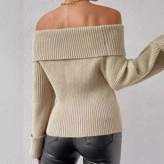 Women's Off-Shoulder Knit Sweater with Wide Hem and Ribbed Texture Ivyshape