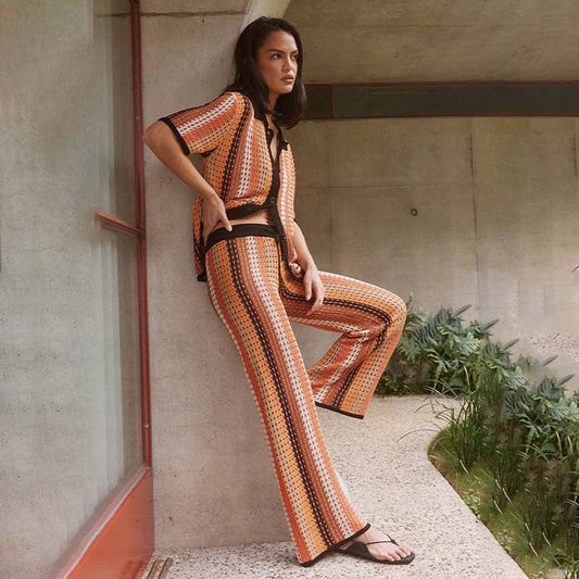 Women Two-Piece Set with Geometric Pattern and Short Sleeve Jacket Ivyshape
