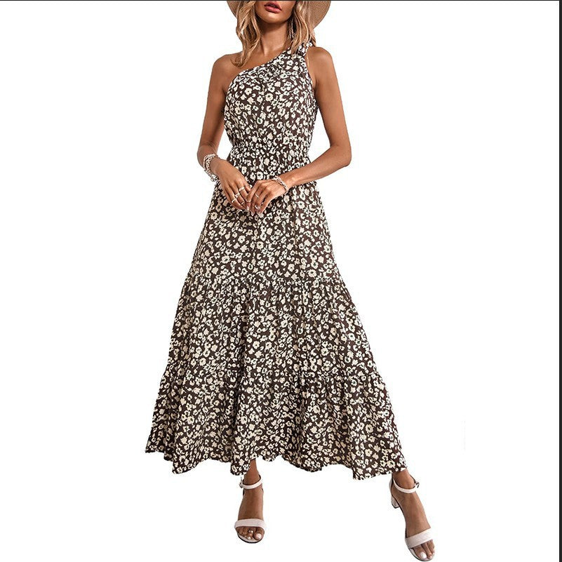 Women's maxi dress with asymmetric neckline and floral print Ivyshape