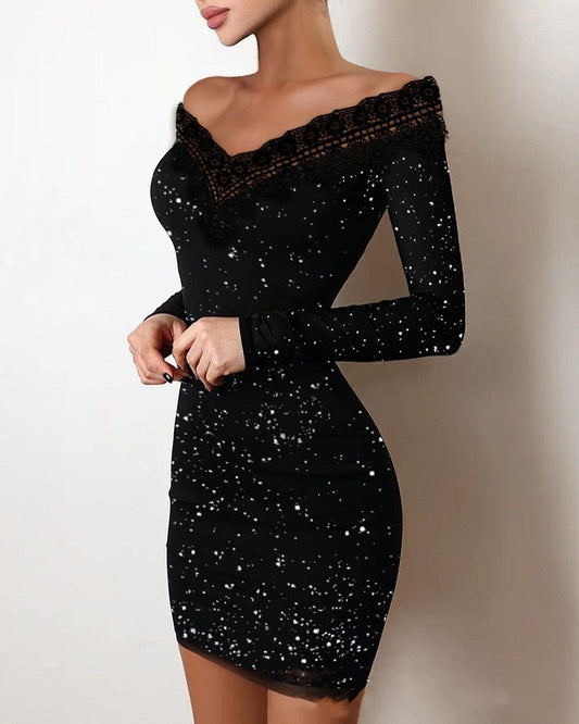 Women's sheath dress with lace neckline and glittering accents Ivyshape