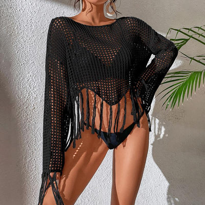 Women's crochet beach sweater with fringes and airy transparency Ivyshape
