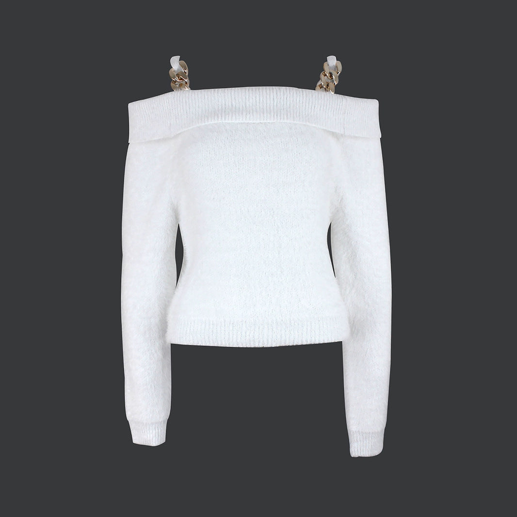 Ladies off-shoulder, elegant sweater with decorative chain accents Ivyshape
