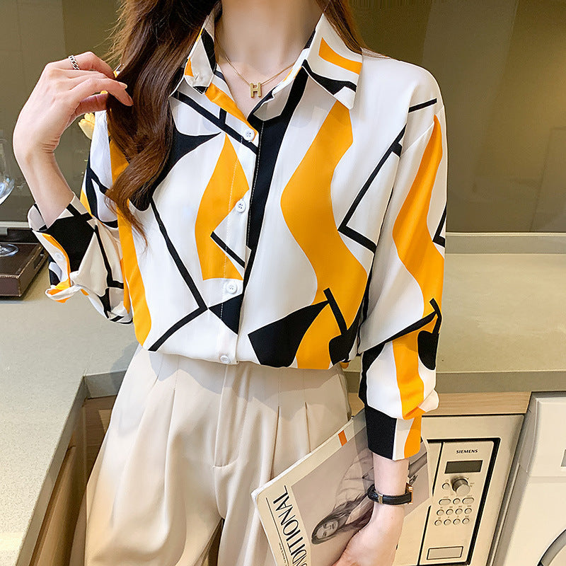 Ladies Fashion Blouse with Geometric Pattern and Elegant Button Placket Ivyshape
