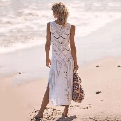 Women's airy crochet beach cover-up with deep V-neckline and decorative pattern Ivyshape
