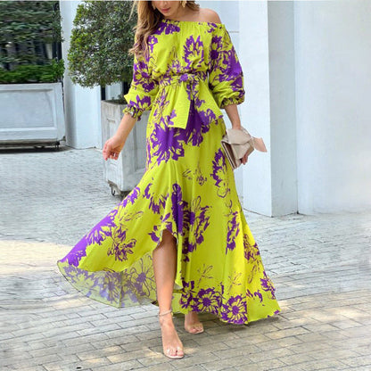 Women's maxi dress with asymmetrical hem and elegant puff sleeves Ivyshape