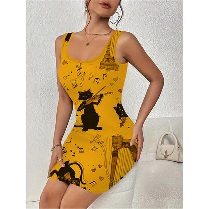 Ladies sleeveless mini dress with creative cat motif Ivyshape