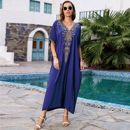 Women's elegant beach kaftan with elaborate embroidery and pockets Ivyshape