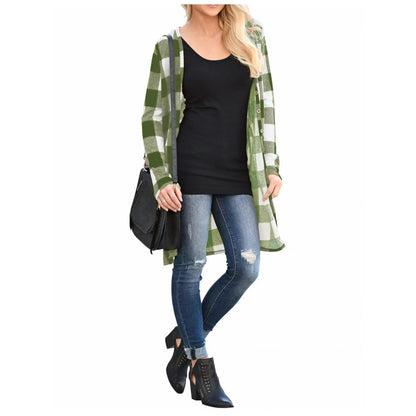 Ladies Long Cardigan with Check Pattern and Practical Closure Ivyshape