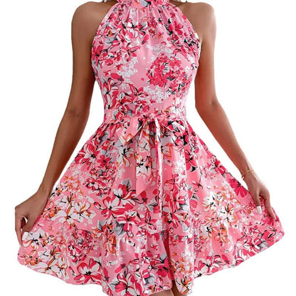 Ladies' festive floral dress with high-neck design and elegant hem Ivyshape