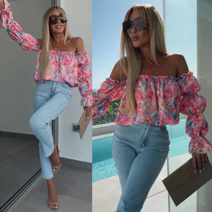Women's Off-Shoulder Blouse with Voluminous Sleeves and Floral Design Ivyshape