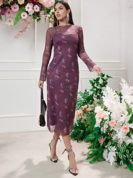 Ladies Transparent Floral Midi Dress Ivyshape