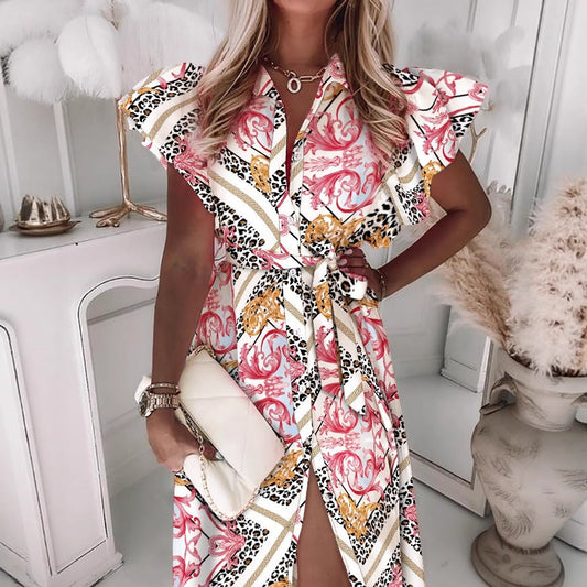 Women's shirt dress with luxurious chain pattern and voluminous sleeves Ivyshape