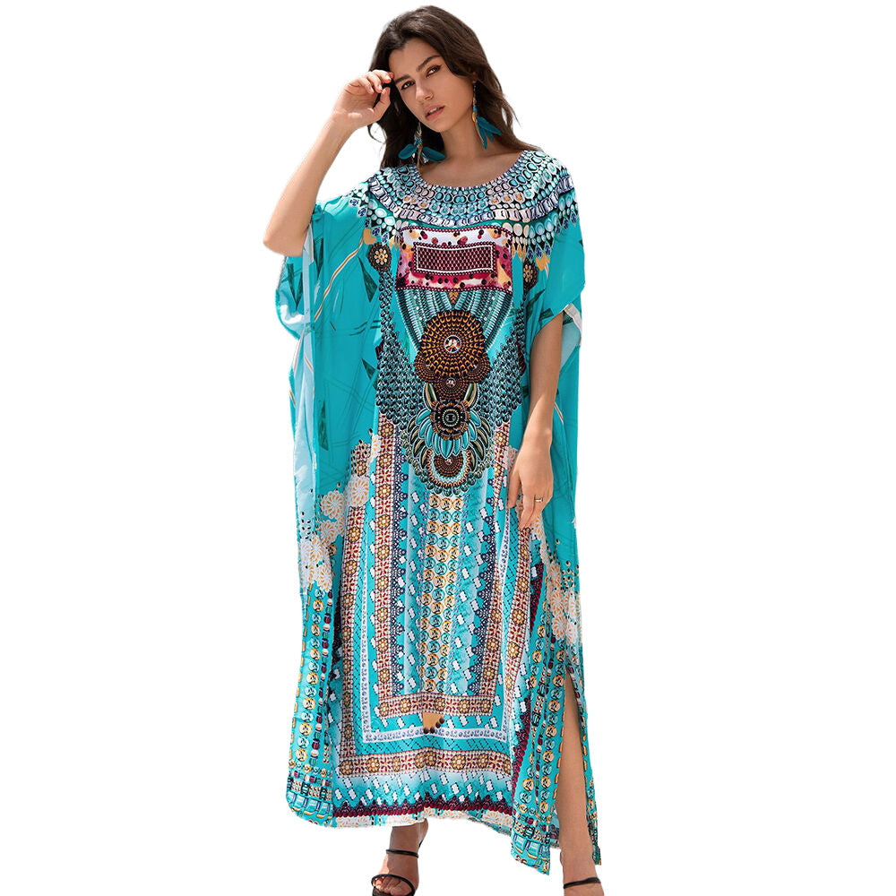 Women’s beach dress with large graphic print and wide sleeves Ivyshape