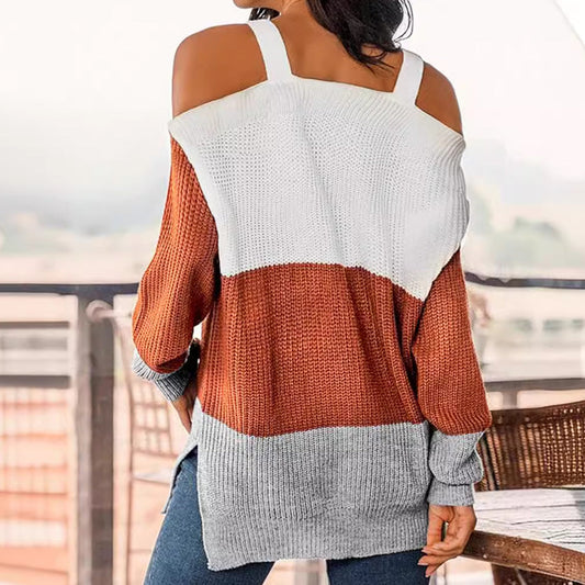 Women's fashionable sweater with off-shoulder design and multicolored contrasts Ivyshape