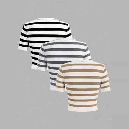 Women's short-sleeved striped shirt made of fine knit Ivyshape