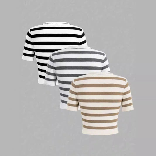 Women's short-sleeved striped shirt made of fine knit Ivyshape