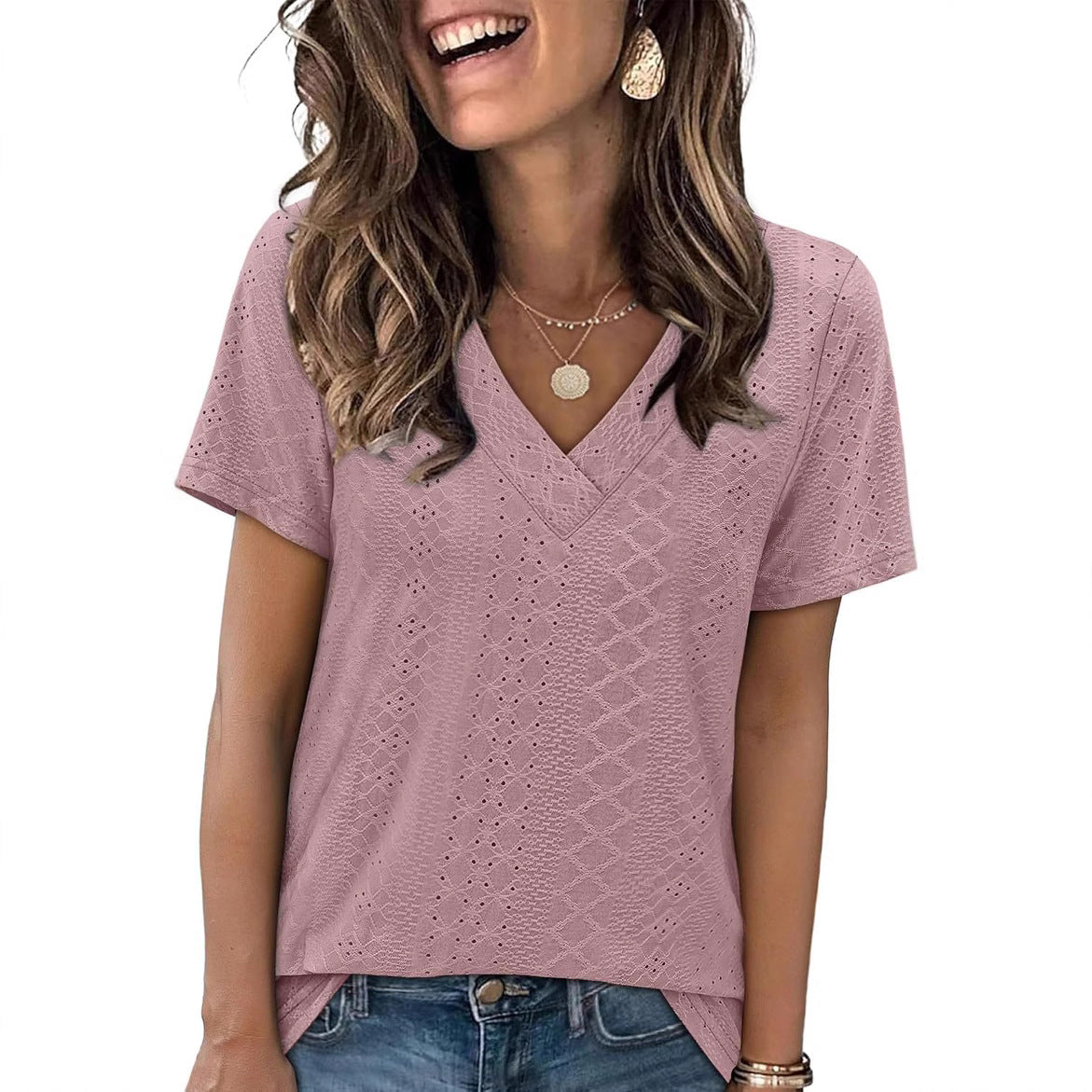 Women V-Neck Lace Detail Top Ivyshape