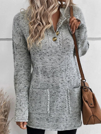 Women's crocheted knitted pullover with button placket and patch pockets Ivyshape