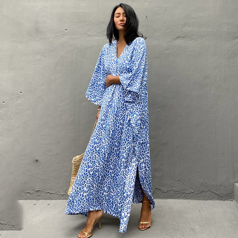 Ladies long beach robe with elegant leopard pattern Ivyshape