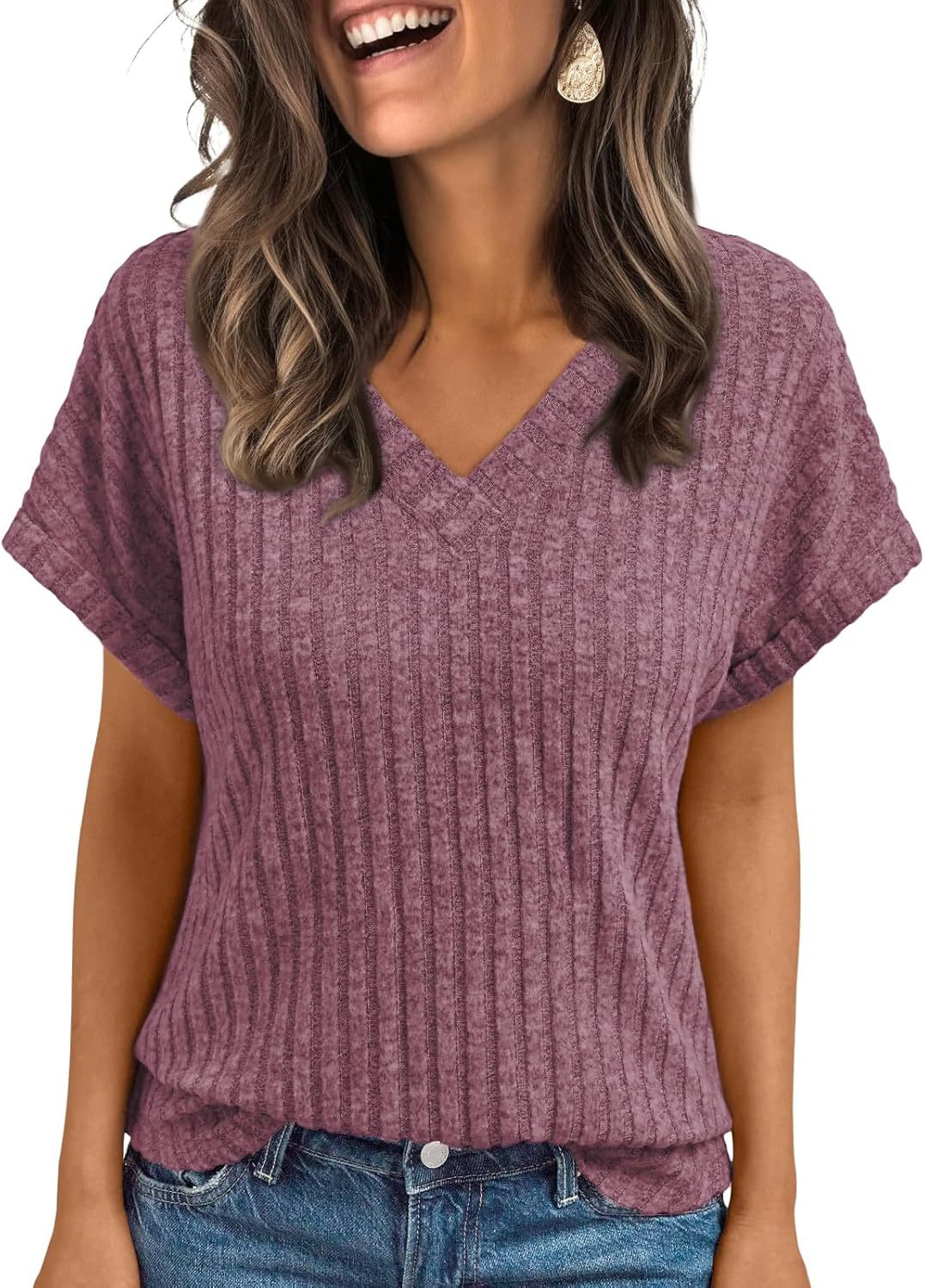 Women V-Neck Ribbed Top Ivyshape