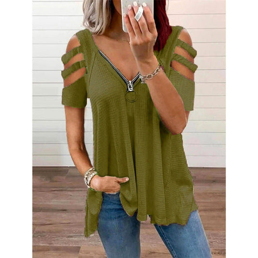 Women Cut-Out Shoulder Top with Zipper Detail Ivyshape