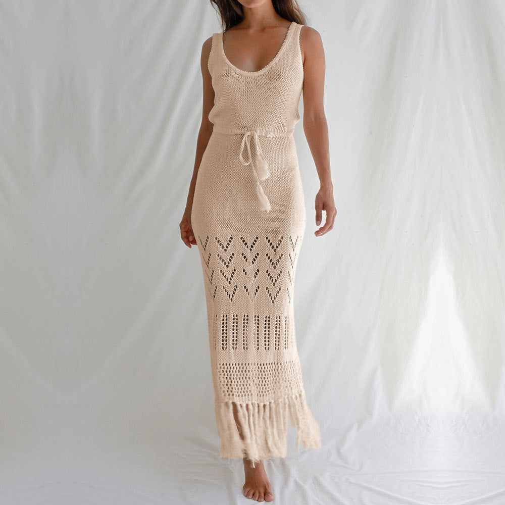 Ladies Longer Crochet Skirt with Fringed Hem and Adjustable Belt Ivyshape