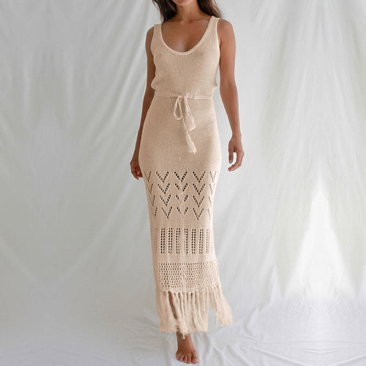Ladies Longer Crochet Skirt with Fringed Hem and Adjustable Belt Ivyshape