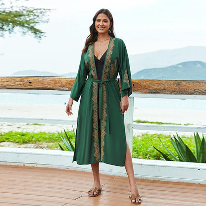 Ladies elegant beach kimono with intricate embroidery and deep V-neck Ivyshape