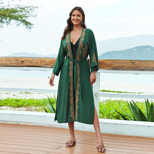 Ladies elegant beach kimono with intricate embroidery and deep V-neck Ivyshape