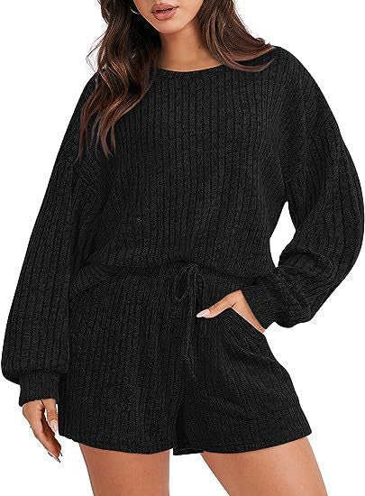 Ladies Knit Loungewear Set with Long Sleeves and Elastic Waistband Ivyshape