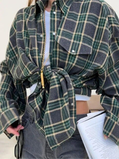 Women Casual Checked Overshirt Jacket Ivyshape