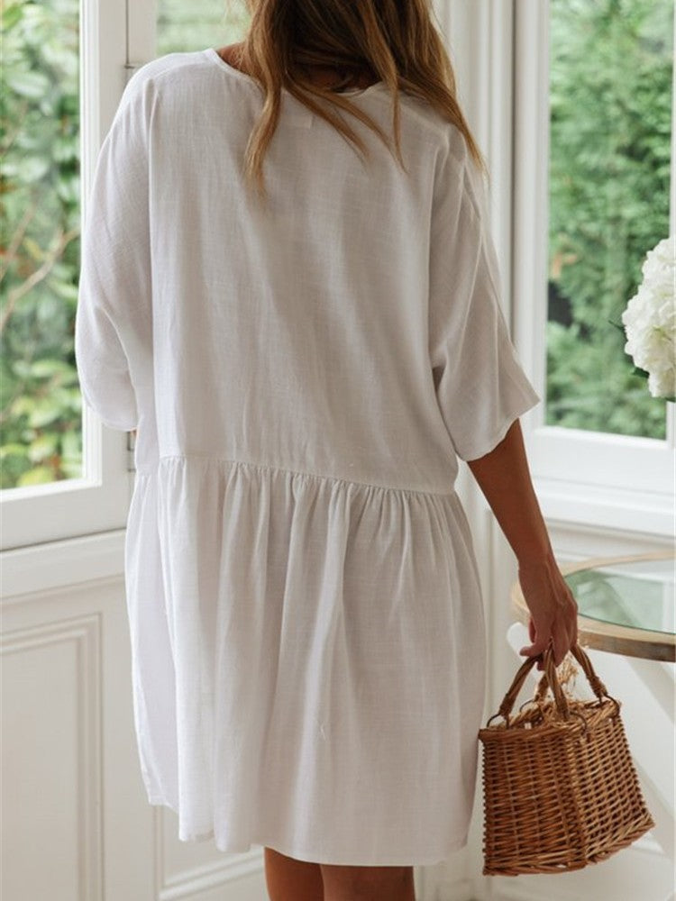 Women's casual short sleeve dress with button detail and pocket Ivyshape