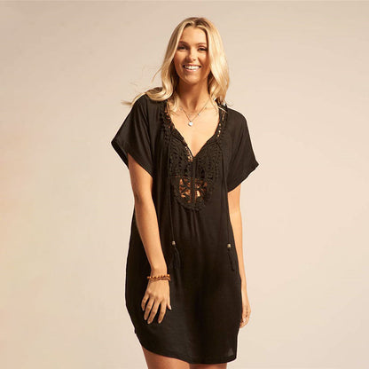 Ladies casual dress with fine crochet accents and casual V-neck Ivyshape