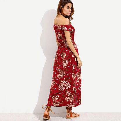 Ladies Off-Shoulder Maxi Dress with Floral Design and High Slit Ivyshape