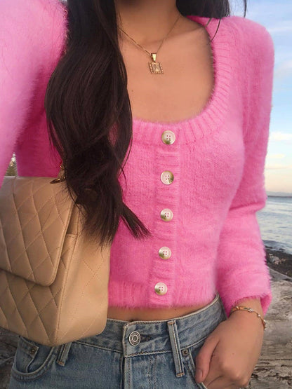 Women's cropped knit sweater with decorative buttons and soft material Ivyshape