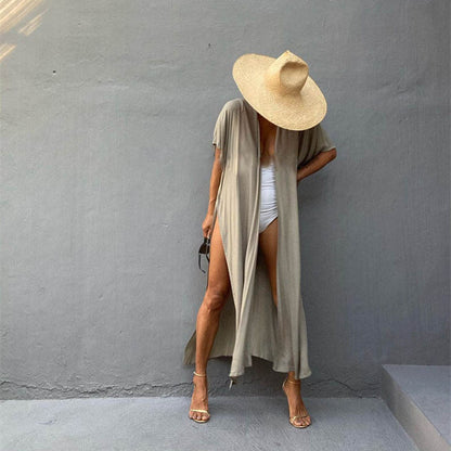 Women's Long Beach Cover-Up with Elegant V-Neck and Loose Fit Ivyshape