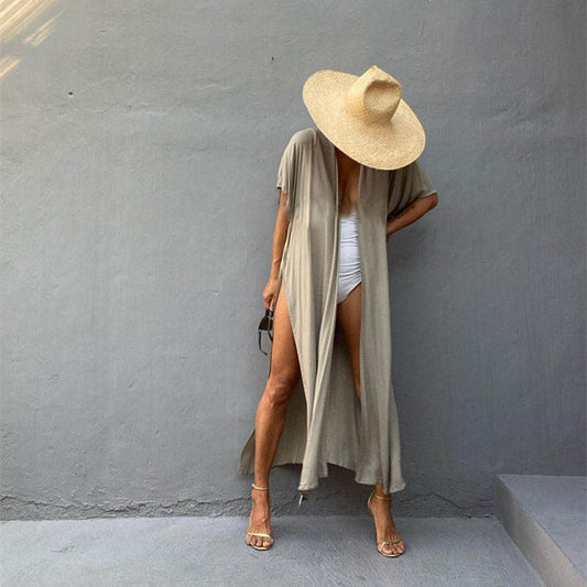 Women's Long Beach Cover-Up with Elegant V-Neck and Loose Fit Ivyshape